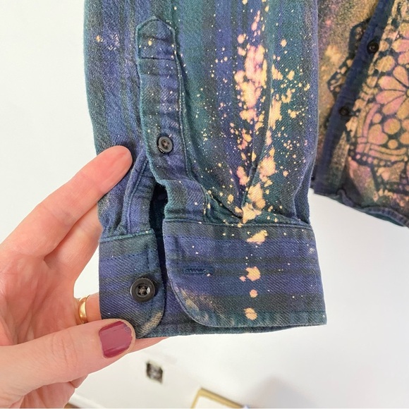Frank & Oak Flannel Shirt Women Size Large Boho Floral Stencil Bleached Handmade - Picture 7 of 14